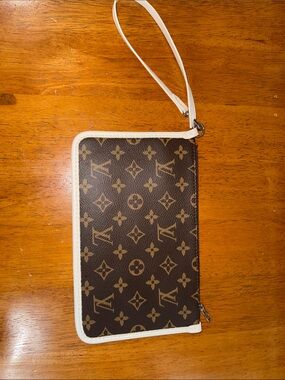 Classic Monogram Canvas Wristlet Clutch in Brown with White Trim